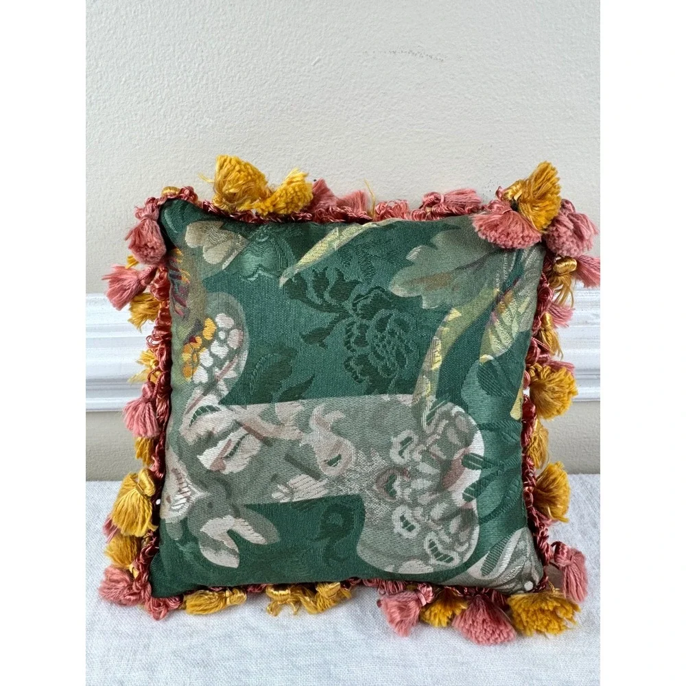 Vintage Green Jacquard Potpourri Pillow Tassel Fringe Satin Back Victorian 7x7